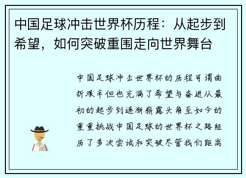 中国足球冲击世界杯历程：从起步到希望，如何突破重围走向世界舞台