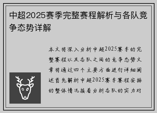 中超2025赛季完整赛程解析与各队竞争态势详解