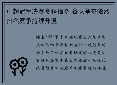 中超冠军决赛赛程揭晓 各队争夺激烈排名竞争持续升温