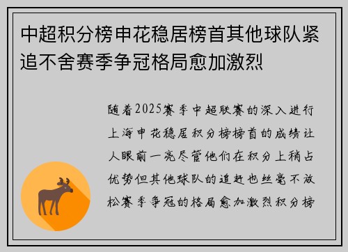 中超积分榜申花稳居榜首其他球队紧追不舍赛季争冠格局愈加激烈