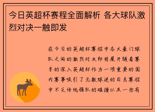 今日英超杯赛程全面解析 各大球队激烈对决一触即发